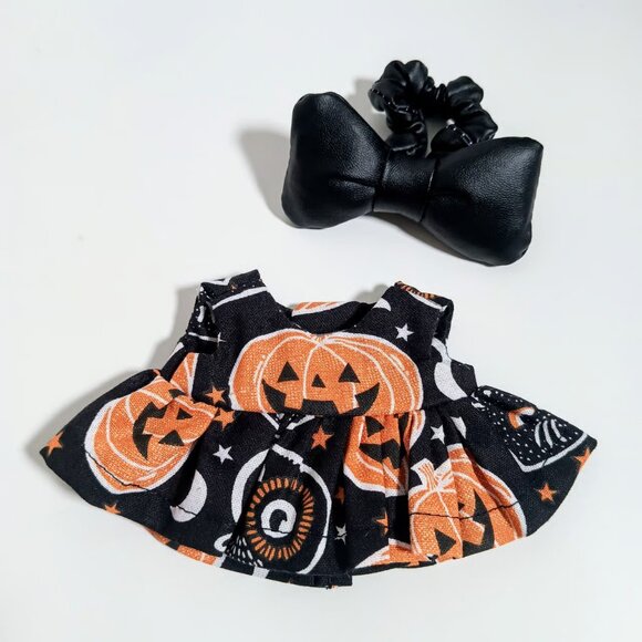 Custom Labubu Spooky Halloween Pumpkin Jack O Lantern Dress and Faux Leather Bow - Picture 5 of 5